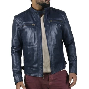 Men's Leather Jacket Genuine Lambskin Navy Blue Biker Motorcycle Coat Jacket - Picture 1 of 7