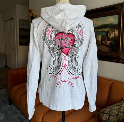 vintage Y2K Harley Davidson Womens Zip Hoodie sz L 2000s Rhinestone Heart Emo - Image 1 of 4