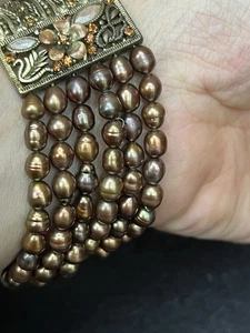 Vintage mehrsträngiges Bronze Süßwasser Perlen Armband verzierte florale Intarsien - Bild 1 von 7