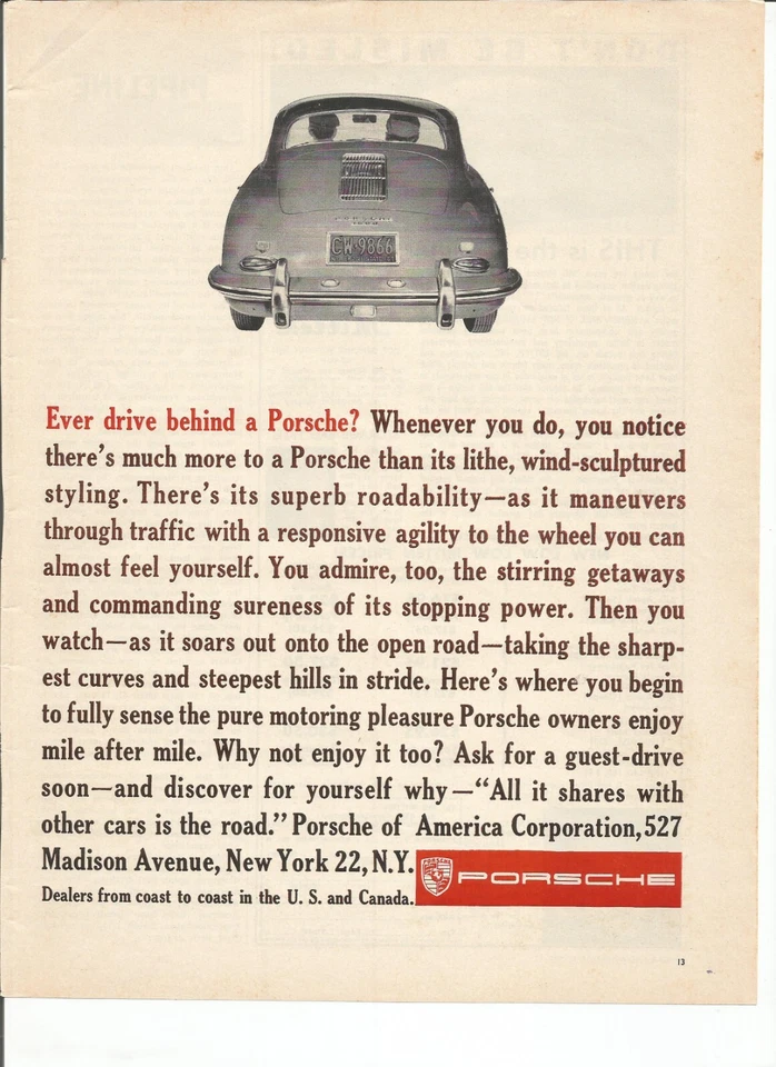 Anuncio impreso original de Porsche 1961 vintage: "¿Alguna vez condujiste detrás de un Porsche?" Foto 1 de 1