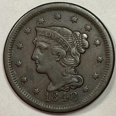 1848 State C N-2, 45 Braided Hair Large Cent Extremely Fine XF+ Coin #15084 - Image 1 of 3