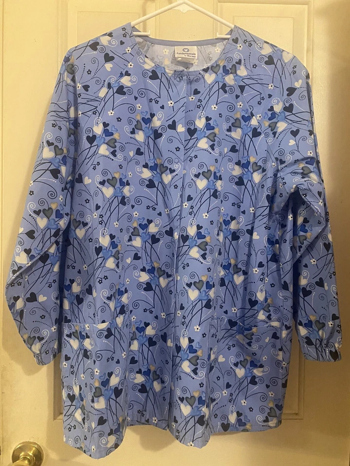 White Swan Scrubs Snap Front Warm Up Size Small Blue Hearts Medical Nurse Pocket - Image 1 of 4