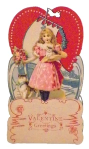 Valentine Card Girl Kitten Greetings Germany Die Cut Fold Out Vintage #56 - Picture 1 of 6