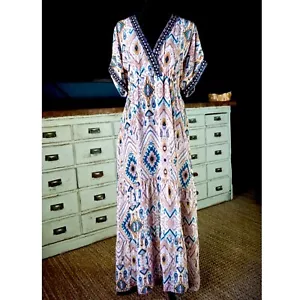 Johnny Was Alona 100% Silk Ikat White Purple Pink Maxi Dress XS - Picture 1 of 7