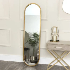 Large Gold Oval Mirror tall slim home decor minimalist scandi wall mounted - Picture 1 of 4