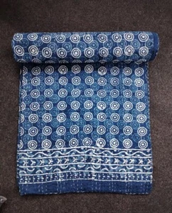 Indian Hand Block Print Cotton Kantha Quilt Throw Blanket Blue Indigo Bedspread - Picture 1 of 2