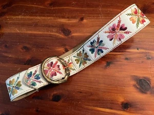 Vintage Wolf Belt Buckle Solid Brass Embroidered Belt Hippie Boho 36" Floral - Picture 1 of 19