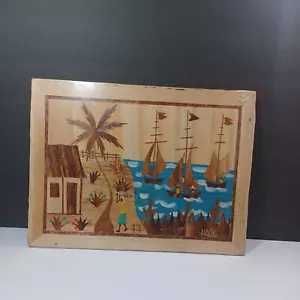 Hecho a mano Haití Hoja de Plátano JUNTO AL MAR Arte Colgante de Pared 12"" X 16"" NUEVO - Imagen 1 de 7