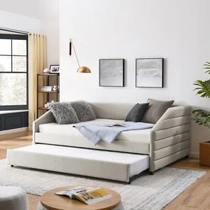 Full Size Daybed with Trundle, Upholstered Tufted, Linen Fabric, Beige - Picture 1 of 12