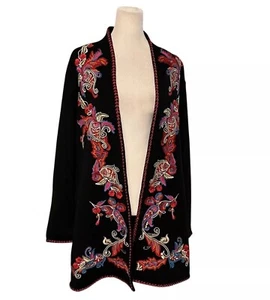Soft Surroundings Black Embroidered Sweater Coat Open Cardigan Size Medium - Picture 1 of 7