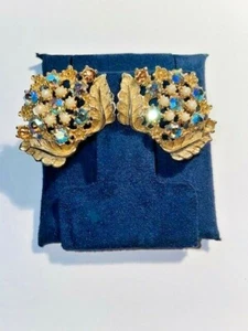 Vintage Kunstperle irisierend grün Strass goldfarben Clip auf Ohrringe - Bild 1 von 3