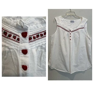Lanz of Salzburg White Cotton Pajama Top Red Heart Buttons Strawberry Trim Sz 1X - Picture 1 of 10