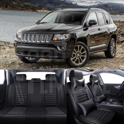 Juego completo de 5 fundas de asiento de coche para Jeep Compass cojín delantero y trasero cuero negro Foto 1 de 4
