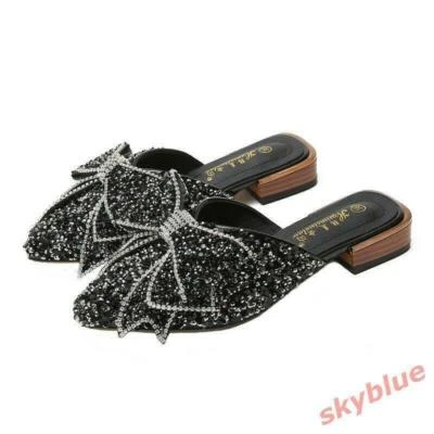 Mujeres Brillo Lentejuelas Moño Zapatillas Mula Zapatos Pisos Mocasines Sandalias Fiesta Talla Foto 1 de 4