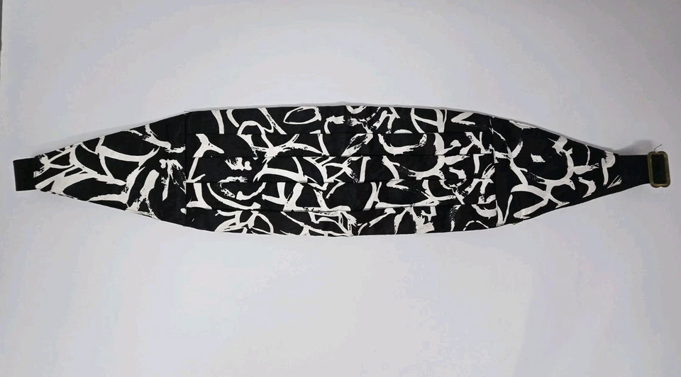 Mel Howard Satin Black White Geometric Cummerbund Adjustable Made In USA Vintage - Image 1 of 3
