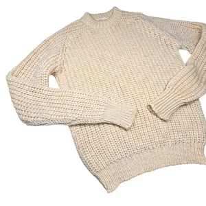 VTG 90s Chunky Fisherman Sweater Sz.M Cream Knit 100% Shetland Wool Coastal Boho - Picture 1 of 8