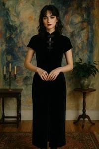 Vtg Womens Dress 10 Black Velvet Maxi Stretch 90s Y2K Goth Witchy Dark Academia  - Picture 1 of 12