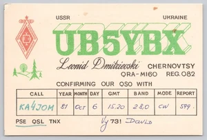 Ham Radio QSL UB5YBX USSR Ukraine Chernovtsy Postcard - Picture 1 of 2