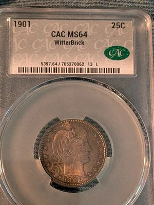 Cuarto de barbero 1901 CAC MS64 tonificado natural Witterbrick (666 Foto 1 de 4