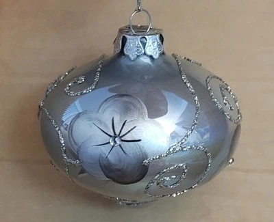 Silver Glass Christmas Ornament Hand Painted Flowers Rhinestones & Glitter New - Image 1 of 4