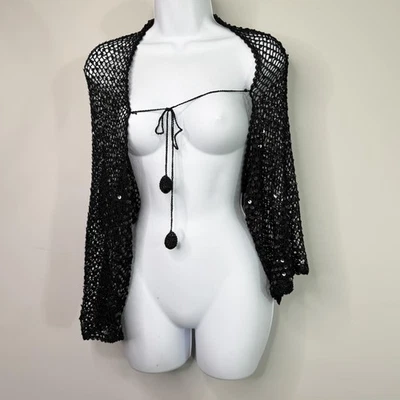 Y2K Sequin Crochet Bolero Shrug Womens Black Open Knit Tie  Tassel Cardigan Boho - Image 1 of 4