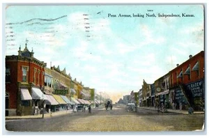 Postal Penn Avenue 1909 mirando al norte carro clásico Independencia Kansas - Imagen 1 de 2
