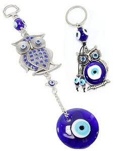 Juego de 2 ~ Azul Mal de Ojo Cristal Búho Colgantes de Pared Amuletos + Llavero Búho - Imagen 1 de 6