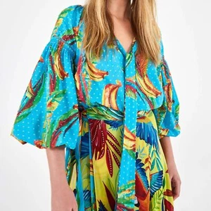 Farm Rio Banana Sky Blouse Size XS NWT Tie Neck Swiss Dot Cotton Balloon Sleeve - Picture 1 of 12