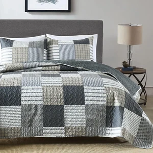 3-Piece Queen Quilt Set, Lightweight Soft Full Size Quilt Gray Patchwork Farmhou - Picture 1 of 7