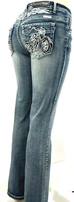 PLATINO FELPA MOTOCICLETA Y ALAS PEDRERÍA DENIM CORTE BOTA JEANS ESTILO #4047 Foto 1 de 4