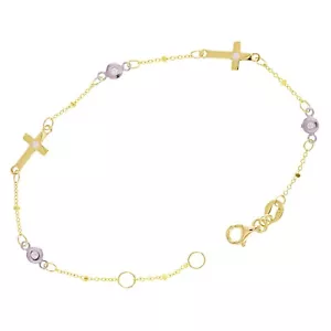 Bracciale Ciondolo Croce Italiano Oro Bicolore 14k Rotondo & Laterale 7" 2 grammi - Foto 1 di 4