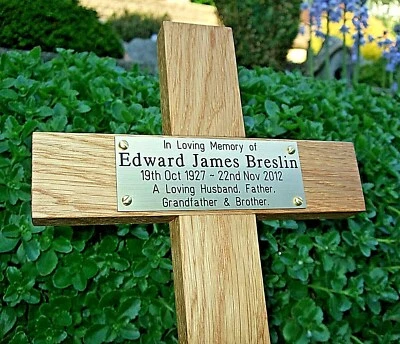 17" Tall Oak Wooden Memorial Cross Wood Grave Marker Free Engraving on Plaque - Image 1 of 4