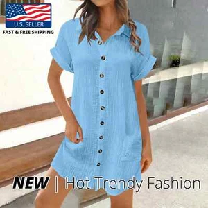 Damen Baumwolle Leinen Kleid Blau Farbe Reverskragen Kurzarm Button Down S - Bild 1 von 6