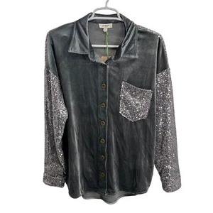 Umgee velvet sequin gunmetal button up top S party casual going out sparkly - Picture 1 of 9