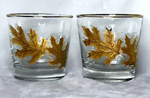 2 Vintage Libbey Golden Oak Leaf Lowball Glass MCM Bar Ware Gilded 24kt - Picture 1 of 8
