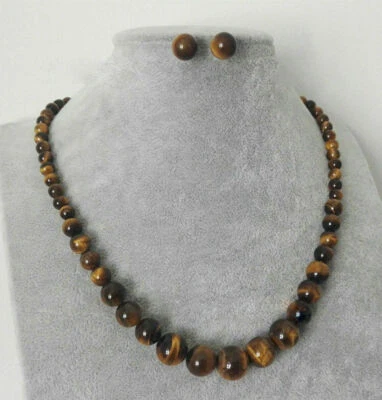 Parure collana e orecchini occhio di tigre GARANZIA pietre naturali 6-14mm NUOVI - Immagine 1 di 4