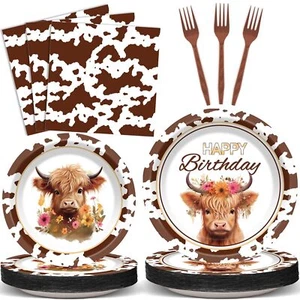 Highland Cow Birthday Tableware Set for 50 Guests Disposable Plates & Napkins - Picture 1 of 7