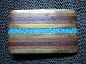 ABSTRACT EXOTIC WOOD TURQUOISE BRASS HIPPIE BELT BUCKLE! VINTAGE! RARE! HANDMADE - Picture 1 of 9