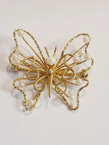 Vintage 12k Gold Filled echte Zuchtperlen Schmetterling Anstecknadel Brosche um 1960 - Bild 1 von 10
