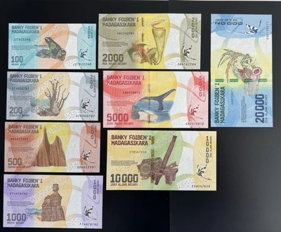 MADAGASCAR 20000 10000 5000 2000 1000 500 200 100 ARIARY FULL SET 2017 GEM UNC - Image 1 of 2