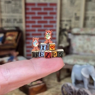 Miniature Dollhouse Vintage 'I Love Bears' Wood Block Display Hand Painted OOAK - Image 1 of 4