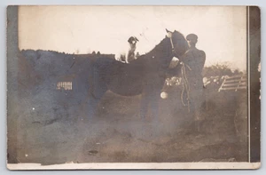 RPPC  White Dog on Horseback, Man & Black Horse, Amateur Photo UNP Postcard READ - Picture 1 of 2