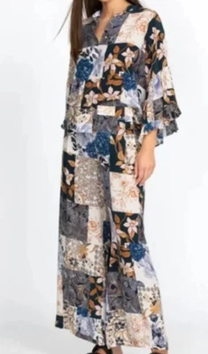 NWT $280 Johnny Was Jade Polaris Silk Wide-Leg Pants L fit XL? Floral Patchwork - Image 1 of 4