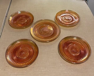 5 Vintage Apricot Orange Carnival Glass Jeannette Iridescent Anniversary Plates - Picture 1 of 7