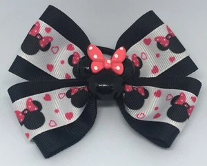 Girls Hair Bow 4" Wide Minnie Mouse Pink Hearts Black Ribbon Ponytail Holder - Picture 1 of 2