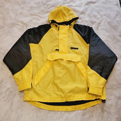 Chaqueta Pullover Vintage Años 90 Antigua Azul Marino Para Hombre Talla L Bolsillo Anorak Capucha Logo Amarillo Foto 1 de 4