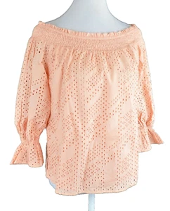Eva Longoria Women Off-Shoulder Blouses Top Shirt Embroidered Eyelet Boho Nude M - Picture 1 of 11