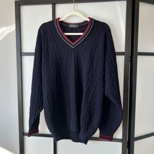 [L] Jaeger 100% Lambs Wool Navy Blue Cable Knit Vintage Sweater Made in UK - Picture 1 of 13