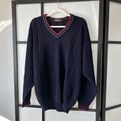 [L] Jaeger 100% Lambs Wool Navy Blue Cable Knit Vintage Sweater Made in UK - Image 1 of 4