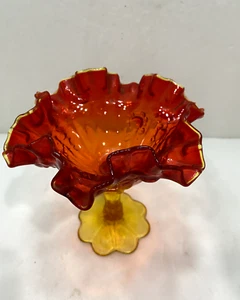 Compota pedestal amarillo borde con volantes rosa repollo vidrio ámbar Fenton - Imagen 1 de 3
